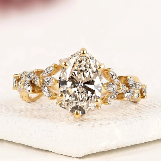 Oval Cut Moissanite Diamond Floral Vine Engagement Ring