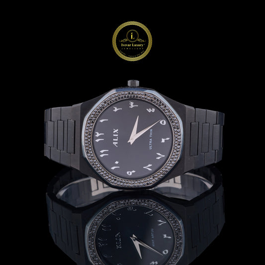 Sleek Minimalist Diamond Bezel Arabic Dial Studded Steel Watch