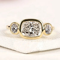 Bezel Setting Three Stone Cushion Moissanite Diamond Ring