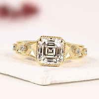 Vintage Asscher Cut Milgrain Engraved Moissanite Diamond Ring