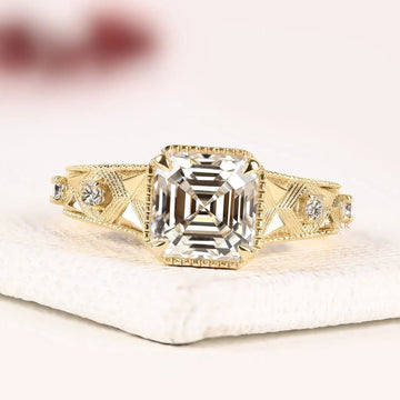 Vintage Asscher Cut Milgrain Engraved Moissanite Diamond Ring