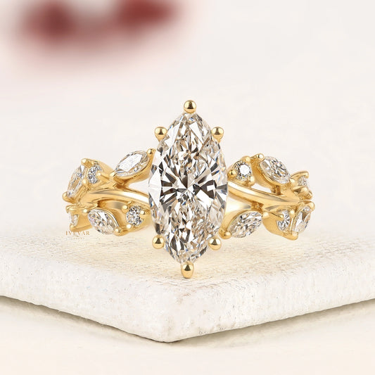 2.50 Ivevar Royal Marquise Cut Moissanite Diamond Floral Engagement Ring in Yellow Gold