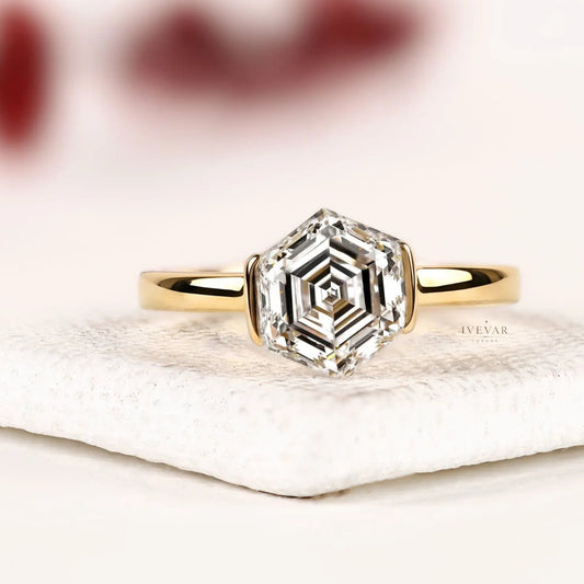 Half Bezel Hexagon Lab Grown Diamond Solitaire Engagement Ring