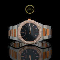 Men's Two-Tone Rose Gold Watch with Black Dial and Diamond Bezel
