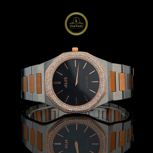 Men's Two-Tone Rose Gold Watch with Black Dial and Diamond Bezel