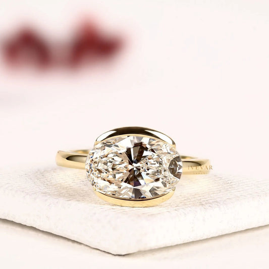 Hidden Halo Half Bezel Oval Cut Lab Grown Diamond Engagement Ring