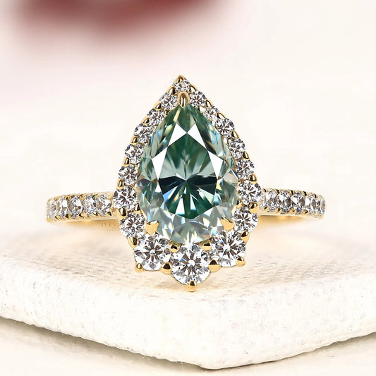 4.00 CT Ivevar Luxury Teal Pear-Cut Halo Lab Grown Diamond Ring in Yellow Gold