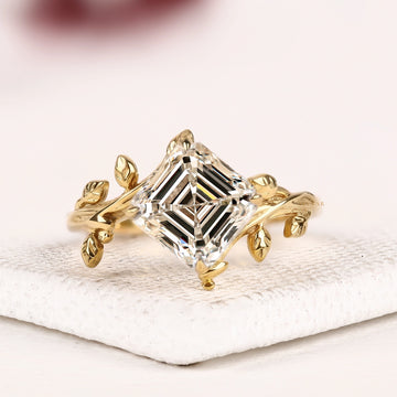 Asscher Cut Moissanite Diamond Ring with Nature Inspired Leaf Band