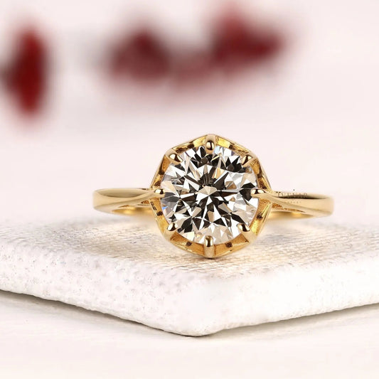 Round Cut Moissanite Diamond Hexagon Basket Engagement Ring