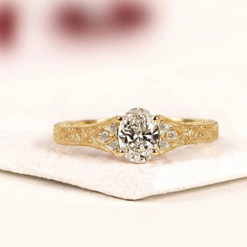 Vintage Milgrain Inspire Oval Cut Moissanite Diamond Engagement Ring