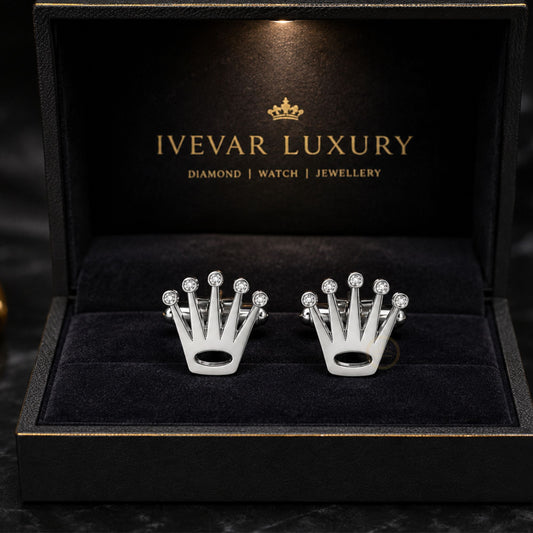 Luxury Crown-Inspired Silver Cufflinks with Crystal Accents