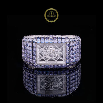 Full Iced Ascher and Baguette Cut Blue Diamond Watch in White Gold – Where Innovation Meets Luxury