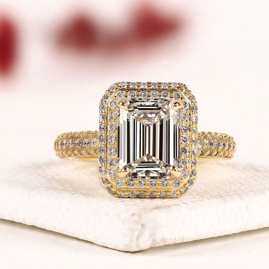 Double Halo with Hidden Emerald Cut Moissanite Diamond Engagement Ring