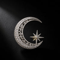 Luxury Crescent Moon & Star Crystal Brooch Celestial Statement Pin