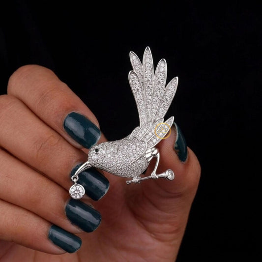 Diamond Bird Brooch with Dangling Stone Nature-Inspired Jewelry