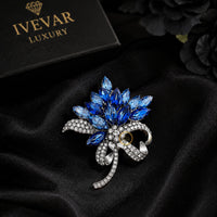 Blue Crystal Floral Bouquet Brooch with Bow – Elegant Statement Pin