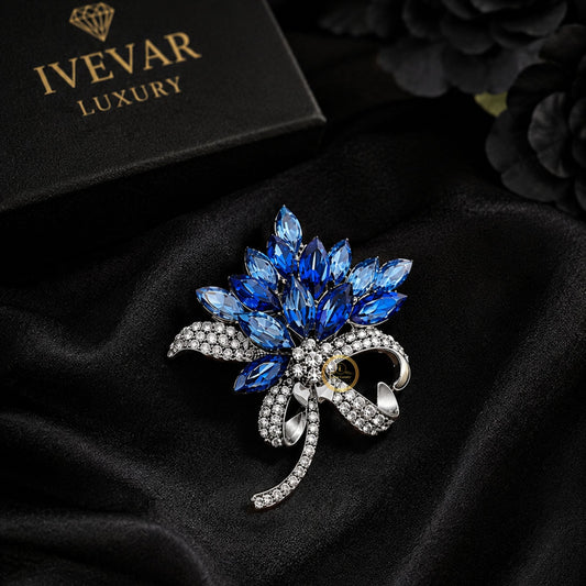 Blue Crystal Floral Bouquet Brooch with Bow – Elegant Statement Pin