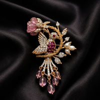 Bird Inspired Floral Palm Motif Crystal Tassel Brooch