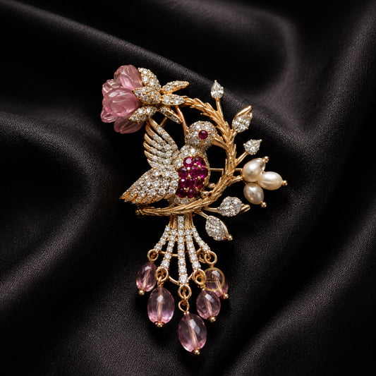 Bird Inspired Floral Palm Motif Crystal Tassel Brooch