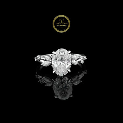 Oval Cut Lab Diamond Engagement Ring With Marquise Cluster Side Stones