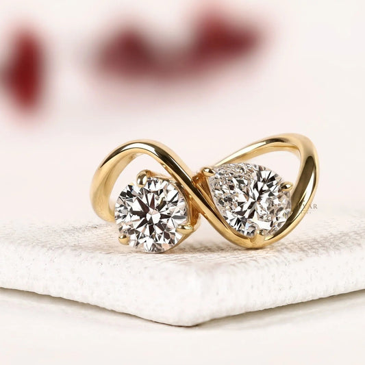 Round and Pear Cut Lab Grown Diamond Wave Band Toi et Moi Ring