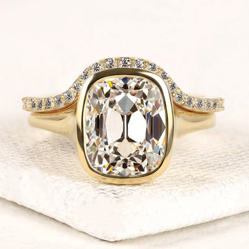 Elongated Cushion Cut Lab Grown Bezel Halo Diamond Split Shank Ring