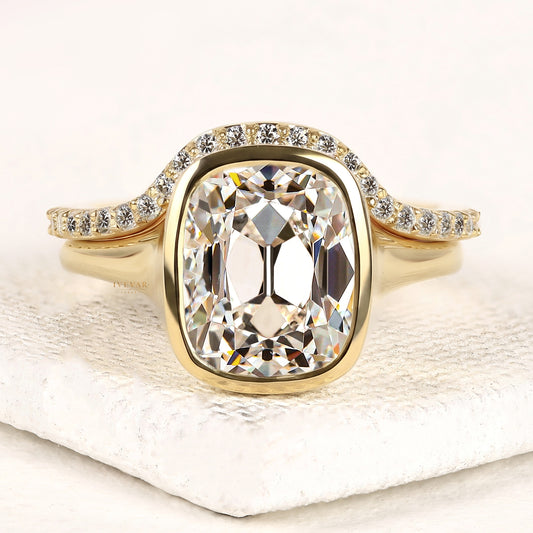 Elongated Cushion Cut Lab Grown Bezel Halo Diamond Split Shank Ring