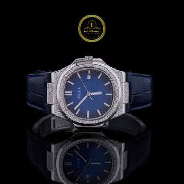 Luxury Diamond-Set Blue Dial Bezel Diamond Blue Leather Strap Watch