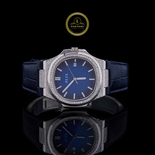 Luxury Diamond-Set Blue Dial Bezel Diamond Blue Leather Strap Watch