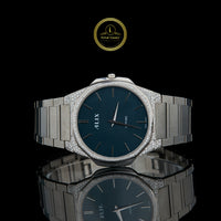 Men's Silver Stainless Steel Watch with Teal Dial and Diamond Bezel