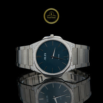 Men's Silver Stainless Steel Watch with Teal Dial and Diamond Bezel