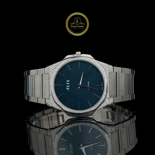 Men's Silver Stainless Steel Watch with Teal Dial and Diamond Bezel