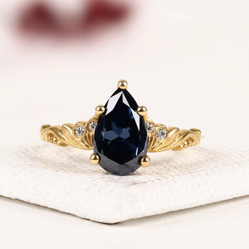 Pear Cut Blue Sapphire Lab Grown Diamond Ring Wedding Band