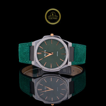 Green Dial Diamond Bezel Suede Leather Men's Watch