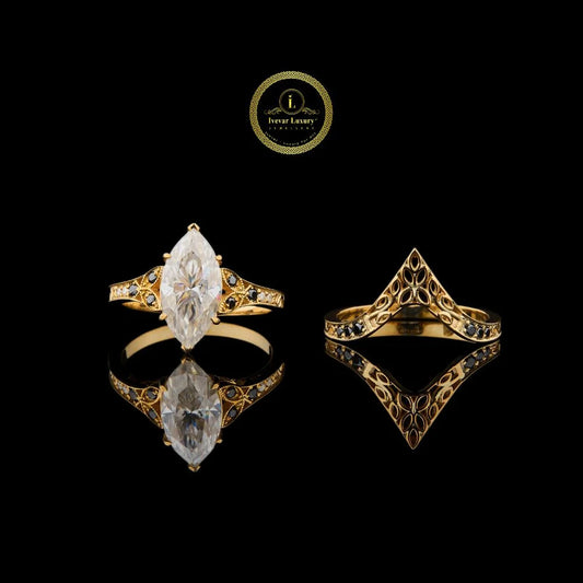 Marquise Cut 4.00 CT Lab Grown Diamond Vintage Crown Bridal Ring Set in Gold