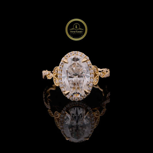 3 CT Oval Cut Halo Lab Grown Diamond Engagement Ring in Yellow Gold By Ivevar