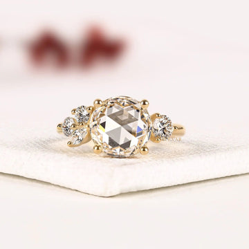 Round Rose Cut Cluster Moissanite Diamond Engagement Ring