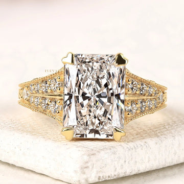 3.50 CT Radiant Cut Lab Grown Diamond Engagement Ring in Yellow Gold with Pave Band Elegant Luxury