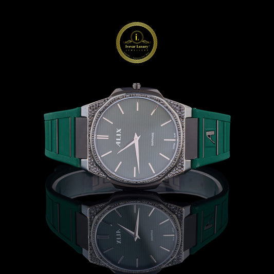 Rose Gold Diamond Bezel Green Strep Watch