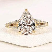 Pear Cut Moissanite Split Pave Shank Engagement Ring