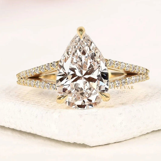 Pear Cut Moissanite Split Pave Shank Engagement Ring