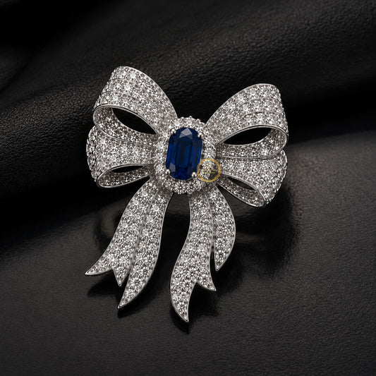 Luxury Bow Brooch with Blue Sapphire-Style Center Stone