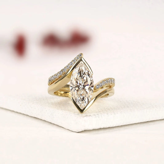 Marquise Cut Moissanite Bypass Bridal Set with Curved Pave Band
