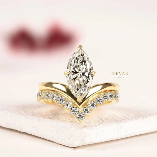 Marquise Cut Moissanite Diamond Pave Chevron Band Bridal Ring Set
