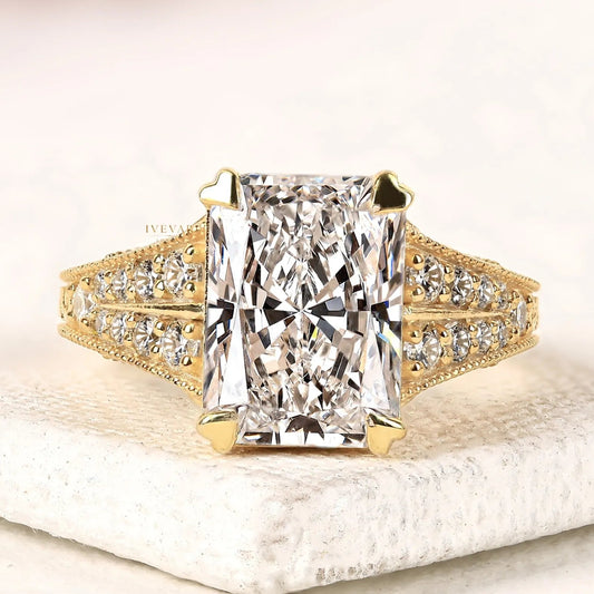 3.50 CT Radiant Cut Moissanite Diamond Engagement Ring in Yellow Gold with Pave Band Elegant Luxury