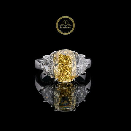 Yellow Cushion Cut Lab Grown Diamond Ring with Side Stone