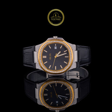 Luxury Diamond-Set Black Dial Bezel Diamond Leather Strap Watch