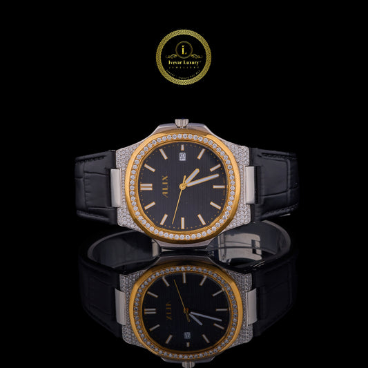 Luxury Diamond-Set Black Dial Bezel Diamond Leather Strap Watch