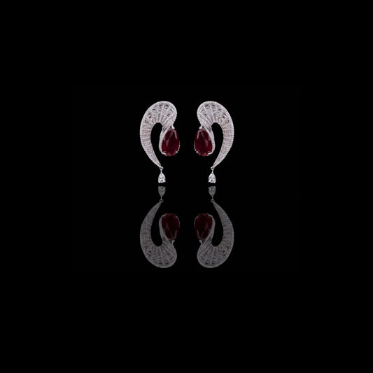 4.02 TCW Luxury Moissanite Earrings Featuring Deep Red Pear Center Stone with Baguette and Round Diamond Accents