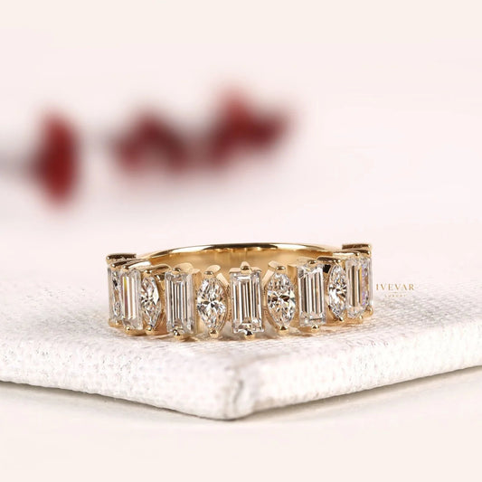 Emerald & Marquise Cut Moissanite Alternating Eternity Wedding Band
